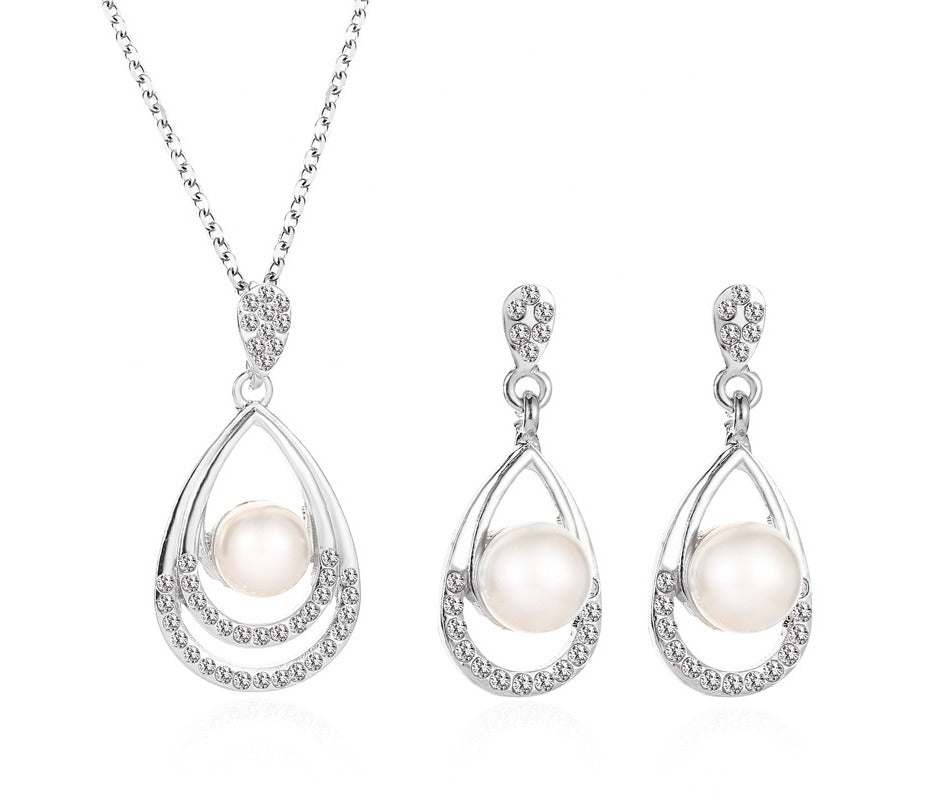 Fashion Trendy Wedding Bridal Rhinestone Water Drop Stud Pearl Earrings Necklace Jewelry Set for Women