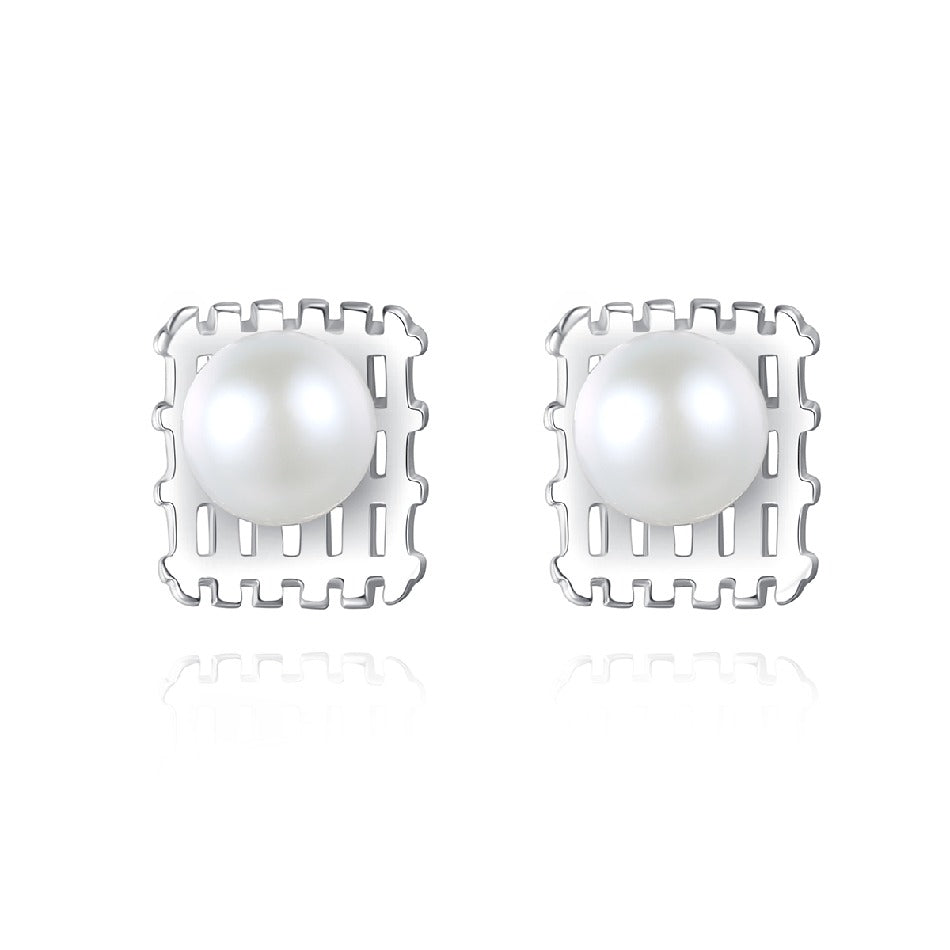 New Design Silver Pearl Stud Earrings for Women 925 Sterling Silver Hollow Grid Square Button Earrings for Christmas Gifts