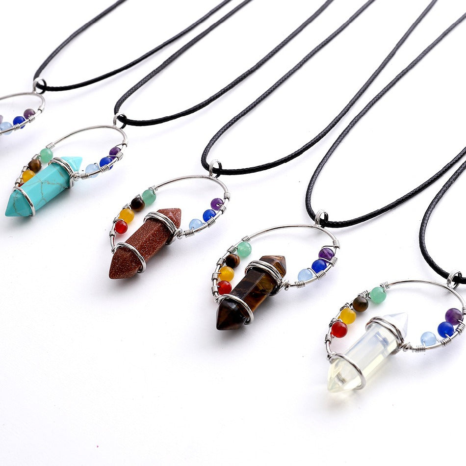 Natural Healing Stone Tiger Eye Silver Plated Wire with 7 Small Beads Hexagon Column 7 Chakra Pendant