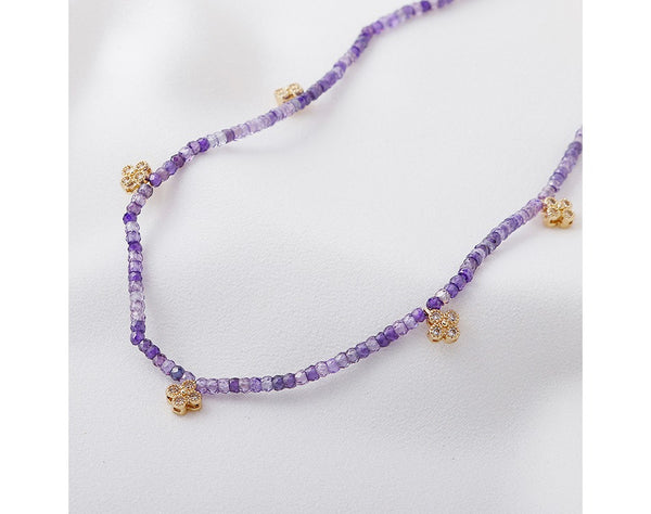 Bohemian Trendy Jewelry Faceted Beads Natural Stone Flower Charms Dangle Purple Agate Choker Necklace