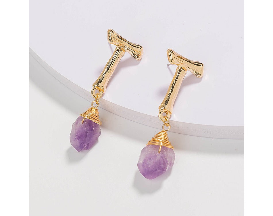 2022  Wholesale retro  26-letter Earrings Jewelry hand-wound light purple Natural Stone Earrings gold plated earrings woman