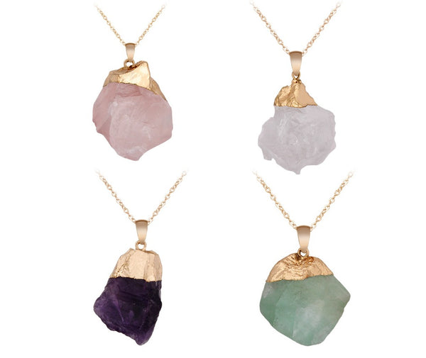 Irregular Shape Gold Plated Healing Rose Quartz Crystal Amethyst Semi Precious Raw Stone Pendants for Jewelry Making