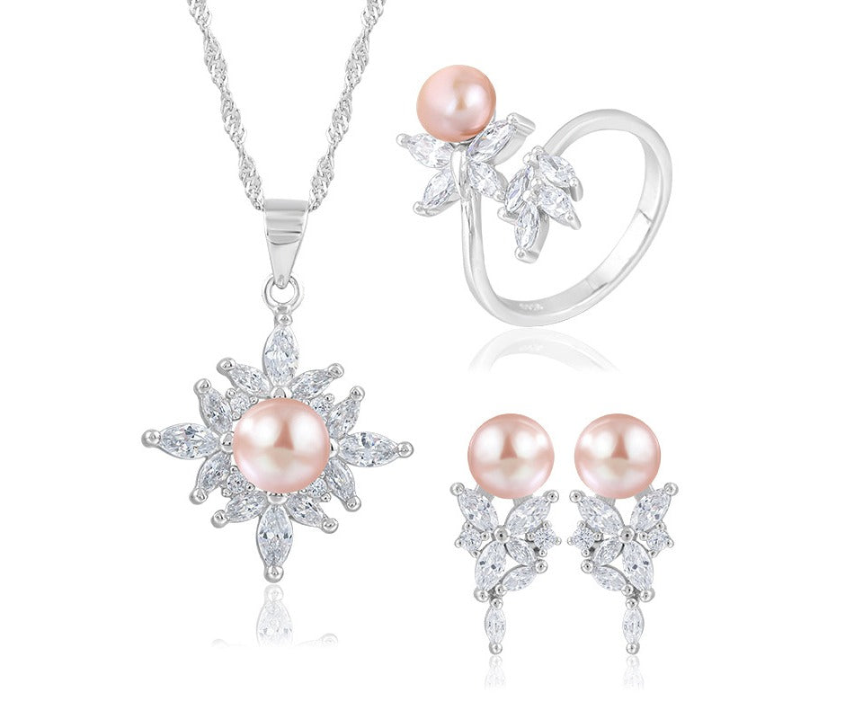 Luxury Women Jewelry Sets Trendy Freshwater Natural Pearl 925 Sterling Silver Necklace/Earrings/Ring Wedding Gift