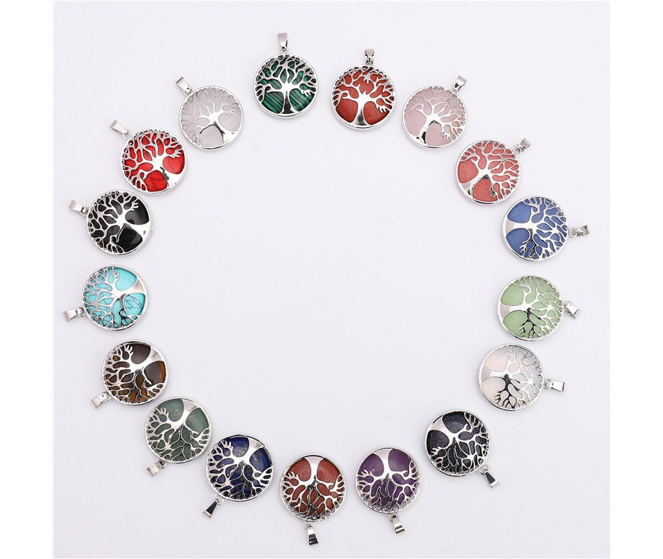 Wholesale Natural Stone Gemstone Jewelry Silver Plated Opal Lapis Quartz Round Tree of Life Pendants