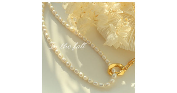 Titanium Steel 18K Gold Plated Flat Oval Link Paper Clip Chain Luxury Half Pearl Bead Necklace