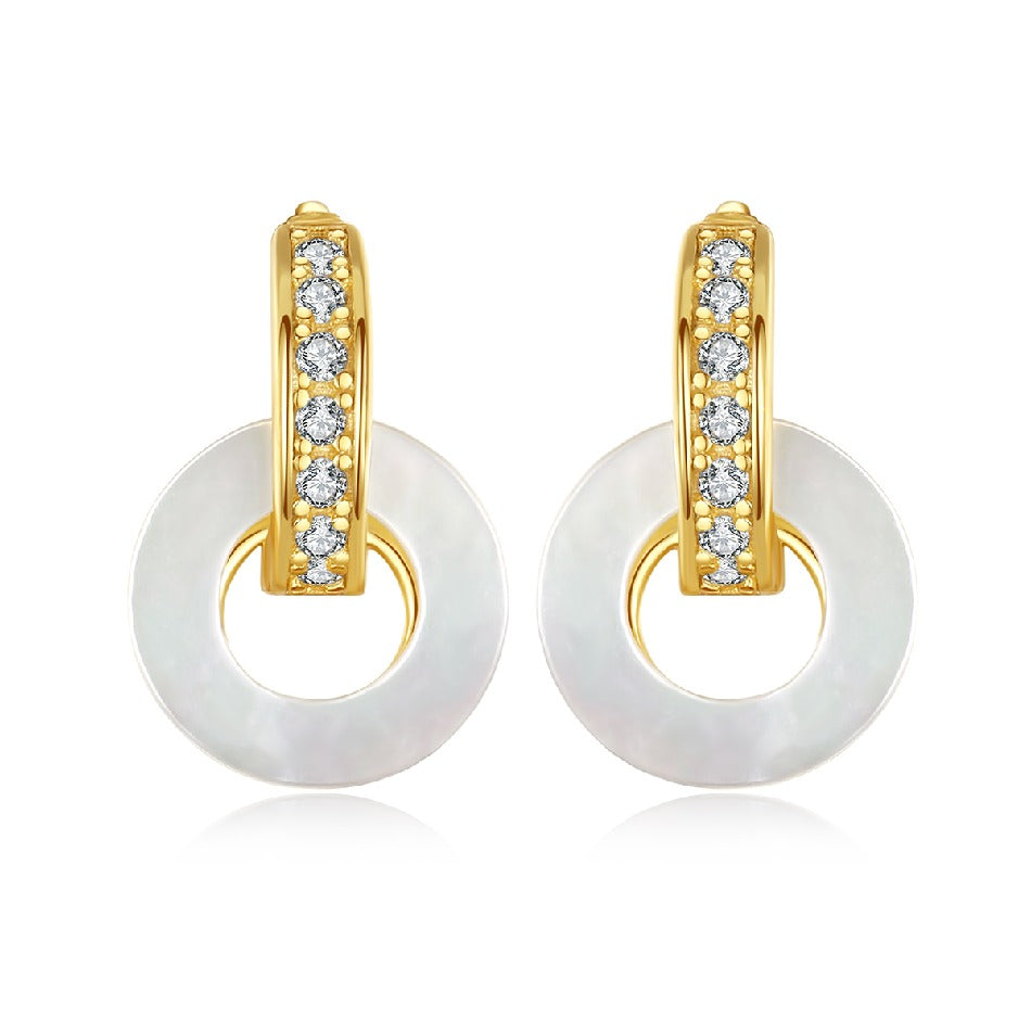 New Style White Mother of Pearl Shell Earrings S925 Sterling Silver Round Circle Hoop Earrings 18K Gold Plated Zircon Drop Earri