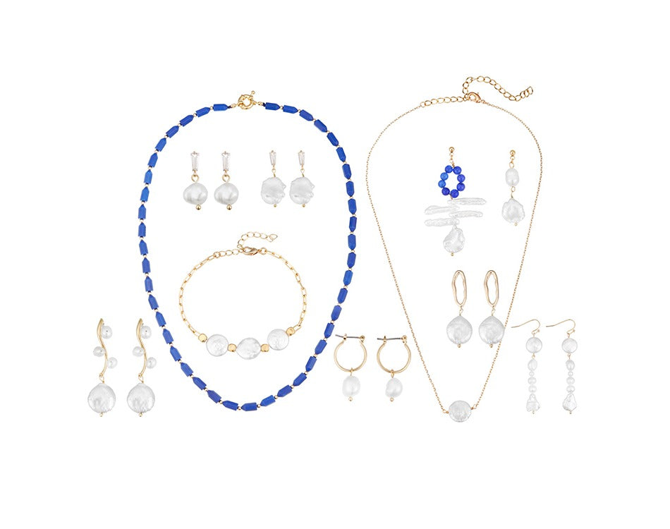 New Design Baroque Natural Pearl Jewelry Freshwater Natural Pearl Bracelet Women Blue Stone Necklace and Earrings Sets