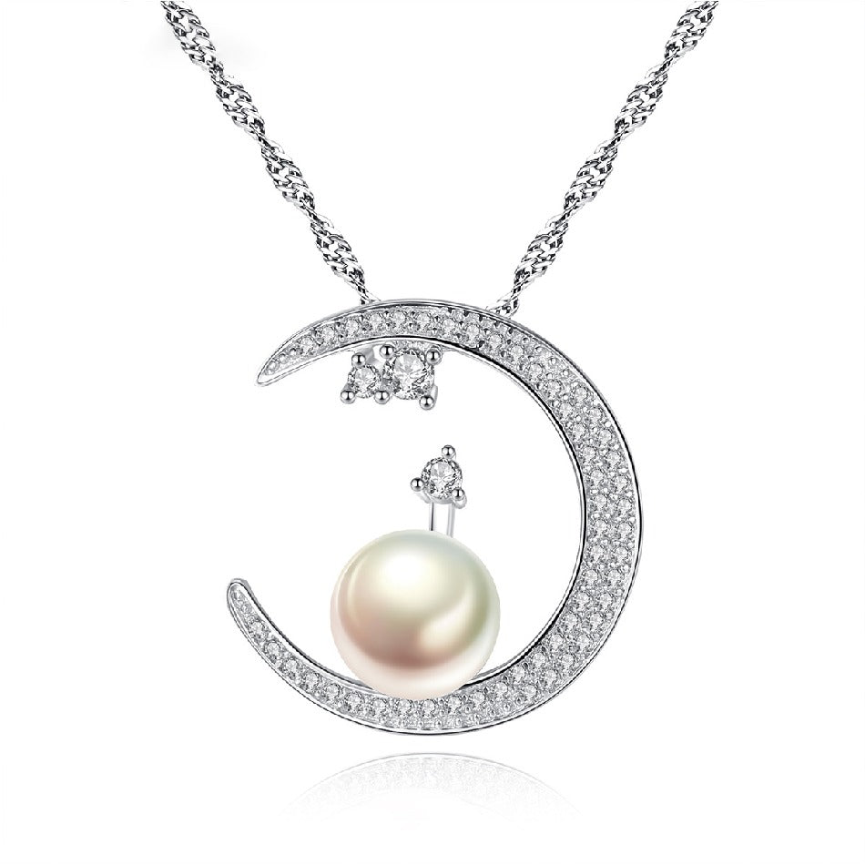 2022 Girls Fashion Jewelry Water-wave Chain 925 Sterling Silver Natural Pearl Moon Necklace