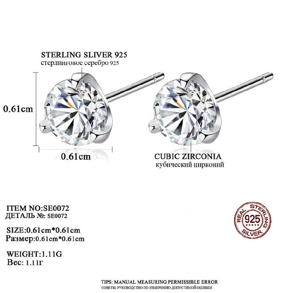 Clear CZ Cute Stud Earrings Three Claws Size 3mm/ 4mm/ 5mm/ 6mm 925 Sterling Silver Women Earrings Jewelry Daily Wear