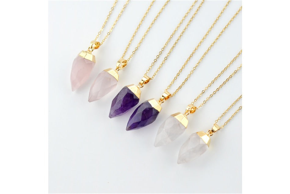 Gold Plated Mini Amethyst Clear Rose Quartz Black Natural Stone Faceted Teardrop Warhead Gemstone Pendants