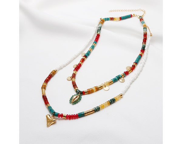 Women Vintage Gemstone Natural Stone Charm Jewelry Layered Colorful Beads Pendant Necklace