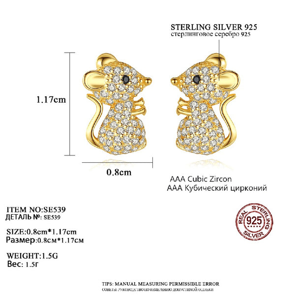 Fashion Cute Animal Jewelry 925 Sterling Silver Mouse Earrings Cubic Zircon Pave Set CZ Stud Earrings for Girls