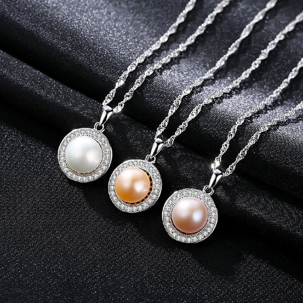 Fashion 925 Sterling Silver Jewelry Micro Inlaid 3A Zircon 9MM Natural Freshwater Pearl Necklace