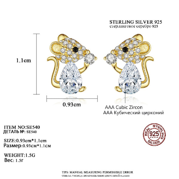 Smart Mouse Earrings 925 Sterling Silver Stud Earrings Pave with Clear Cubic Zircon CZ Earrings for Women Gift