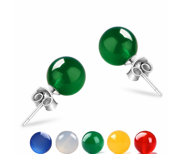 Hypoallergenic 925 Silver Pin 6MM 8MM Natural Stone Agate Round Ball Stud Earrings for Women