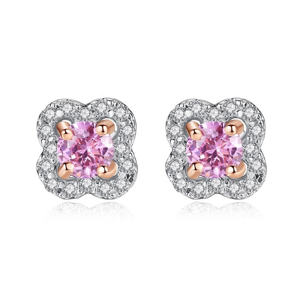 New Trendy Korean Flower Shape Stud Earring 925 Sterling Silver Pink CZ Stud Earring for Women Wedding Engagement Gift