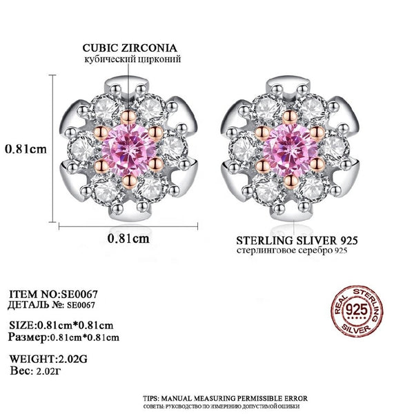 New Popular Flower Shape Pink Shining CZ Stud Earrings Real 925 Sterling Silver Luxury Earring for Women