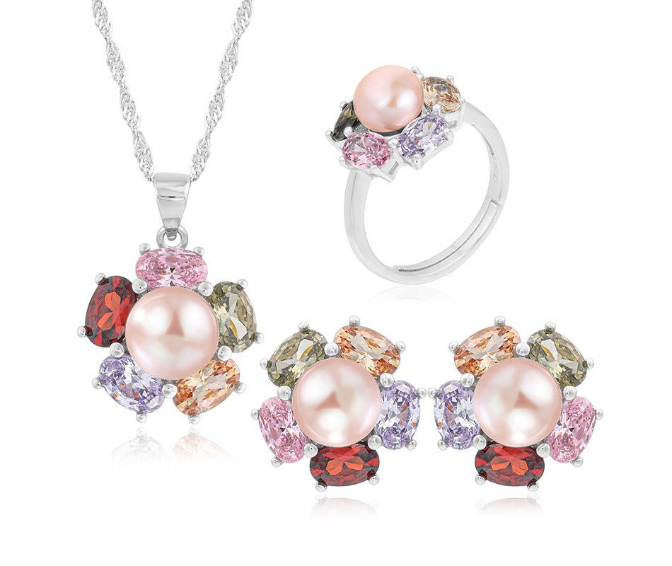 Luxury Elegant Lady Rainbow Color CZ Flower Necklace Earrings Ring 925 Sterling Silver Natural Pearl Jewelry Set