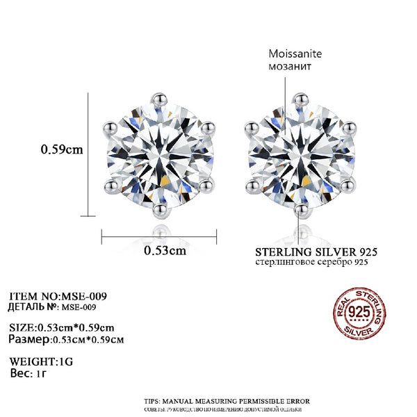 Round Cut 1.0ct Moissanite 925 Sterling Silver Earring Diamond Test Passed 6 Prong Set Fine Jewelry