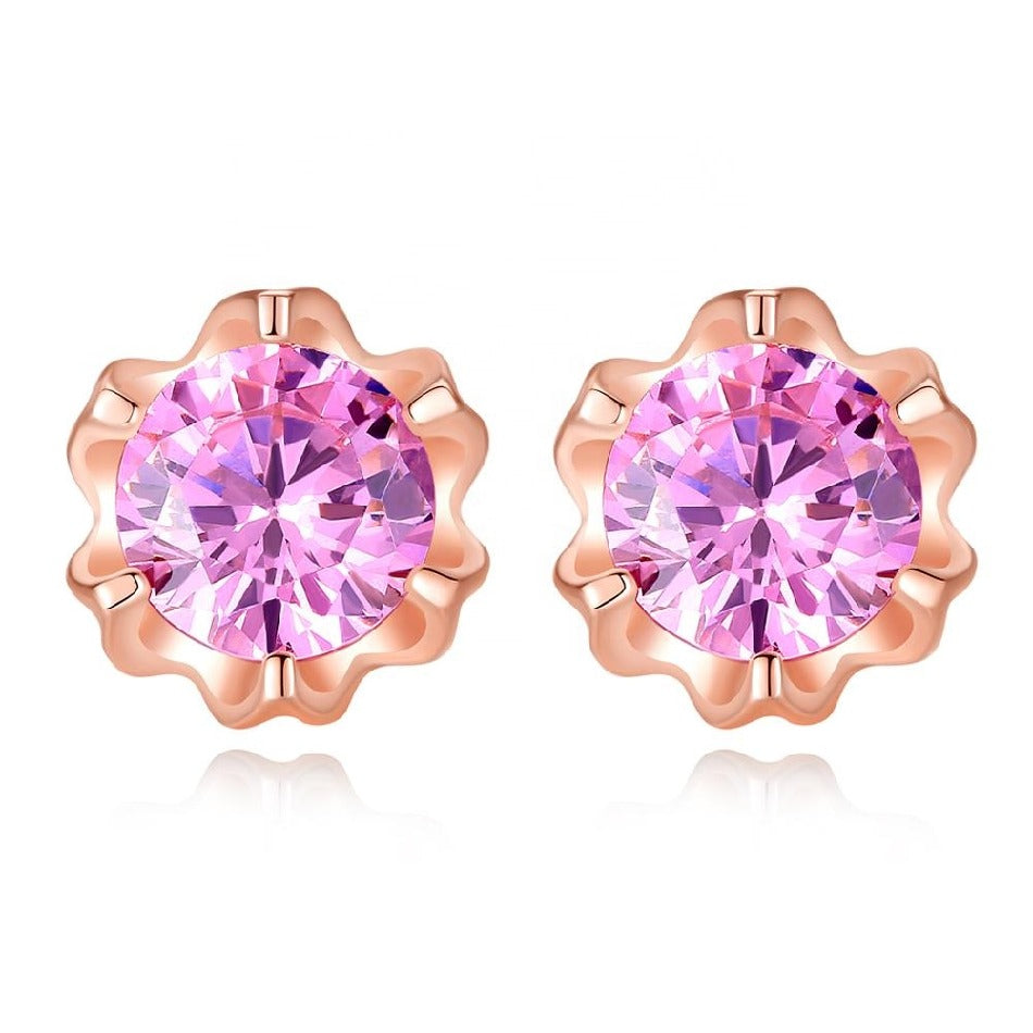 2018 New Design Pink Cubic Zircon Crystal Flower Shape Stud Earring for Women Anniversary Gift