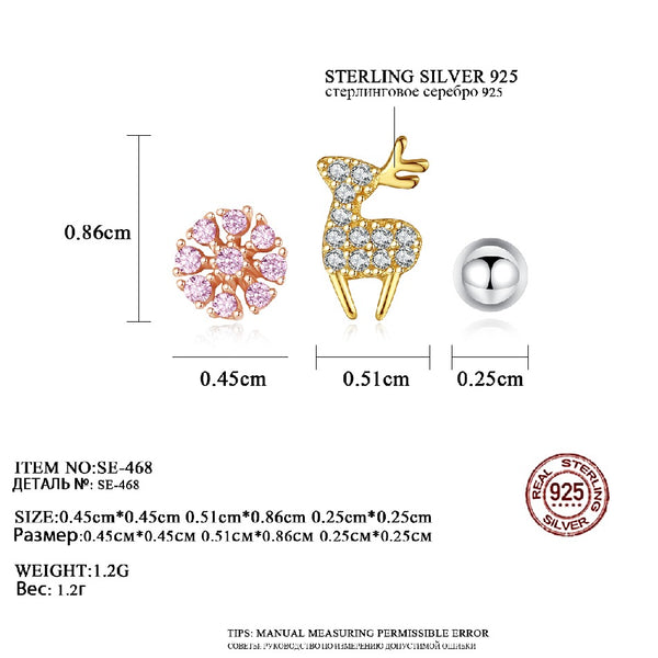 Micro Inlaid Zircon Stud Earrings S925 Sterling Silver Snow Flower Earrings 3 Pairs Simple Deer Stud Earring Sets