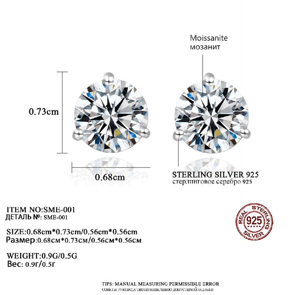 3 Claw Women Simple Minimalist Classic Diamond 1CT Sterling Silver Moissanite Stud Earrings