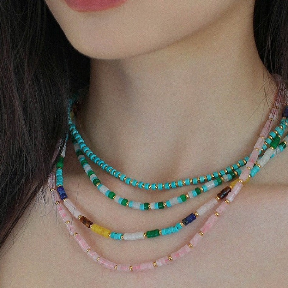 18K Real Gold Plated Candy Rainbow Color Simple Natural Stone Rose Quartz Turquoise Choker Necklace for Women