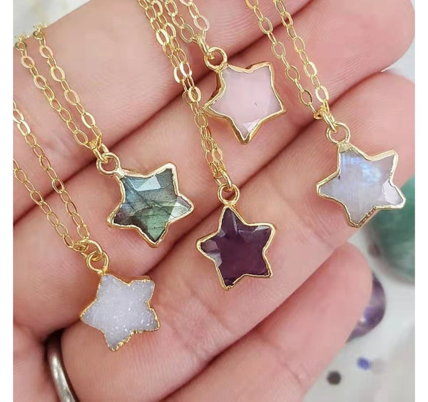 Fashion Charms Gold Plated Gemstone Natural Stone Jade Agate Crystal Quartz Star Pendants for DIY Jewelry Making