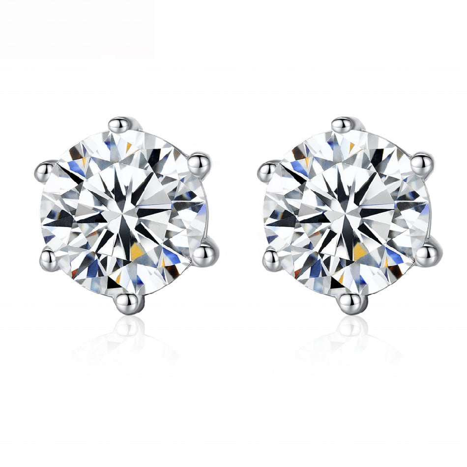 Luxury Six Claw Round Shape Cubic Zirconia Stud Earrings 925 Sterling Silver Stud Earrings for Women