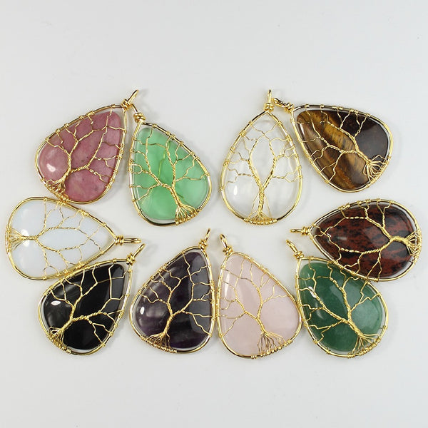 Meditation Energy Mixed Healing Stones Amethyst Gold Wire Wrap Tree of Life Waterdrop Pendants