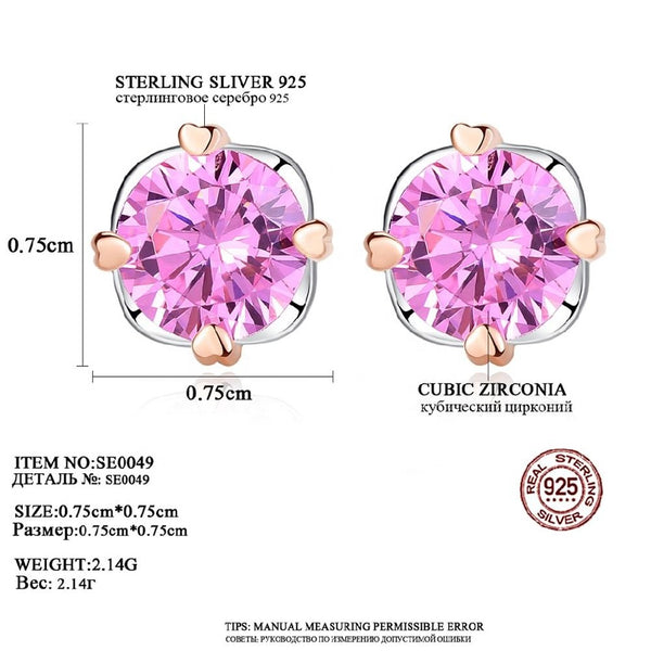 Pink Zircon Stone Crystal Small Stud Earrings Genuine Sterling Silver 925 Women Jewelry New Fashion