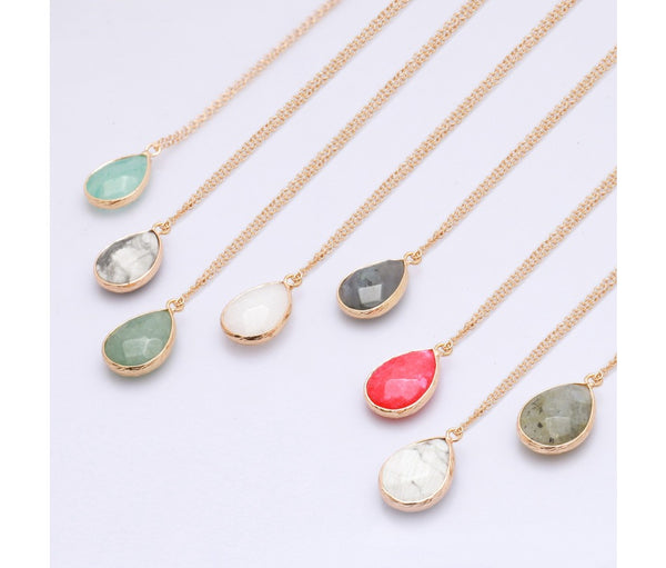 High Quality Gold Plated Natural Stone Necklace Stainless Steel Bohemian Women Jewelry Handmade Teardrop Jade Pendant