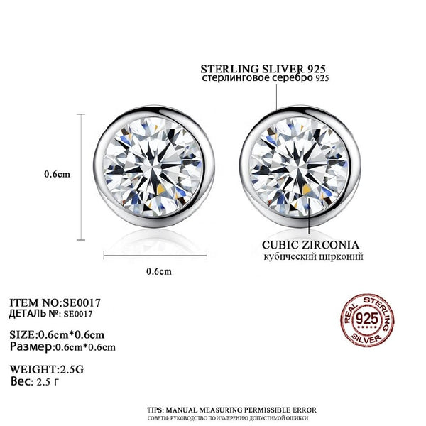 Round Clear CZ Crystal 6mm Stud Earrings High Quality Stud Earrings 925 Sterling Silver Fashion Jewelry