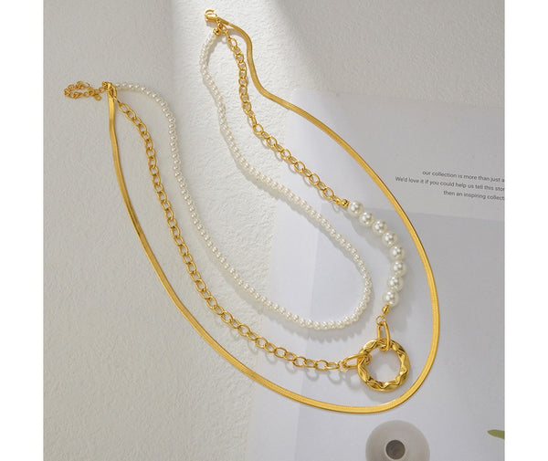 Stainless Steel Fashion Jewelry Wholesale Women Gold Snake Chain 3 Layered Pearl Bead Necklace