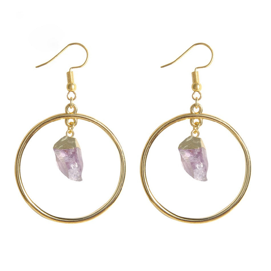 Elegant Trendy Gold Plated Amethyst Round Crystal Circle Small Natural Gemstone Earrings