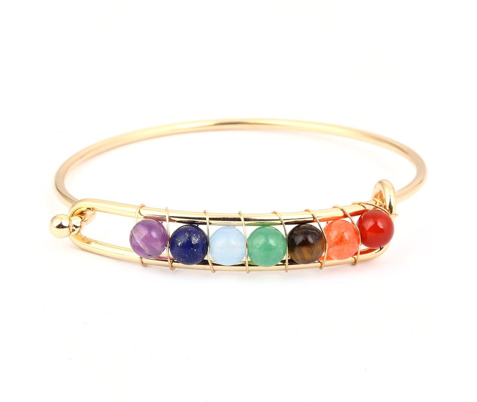 New Arrival Fashion Silver Gold Color Natural Healing Yoga Stone 7 Chakra Cuff Bangle Bracelet for Unisex