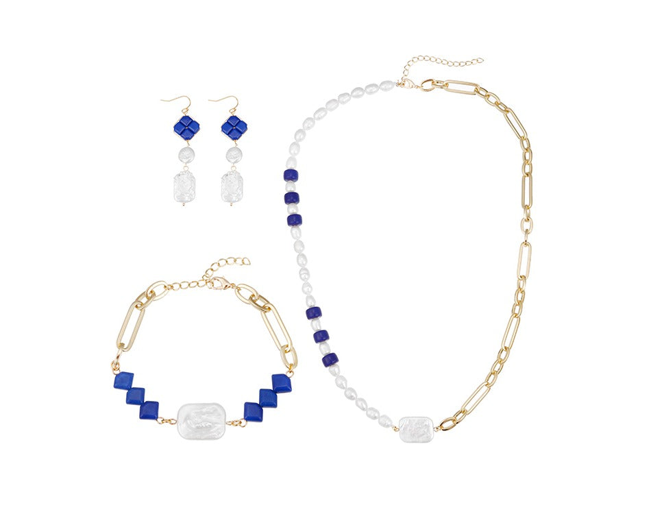 Fashion Design High Quality Blue Stones Bracelet Natural Pearl Set Women Jewelry Natural Pearl Suede Necklace Earrings Set