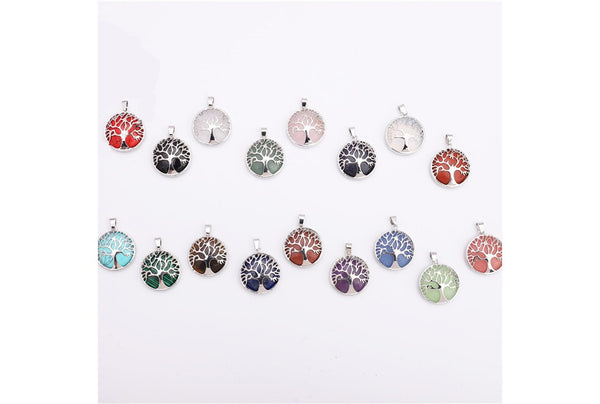 Wholesale Natural Stone Gemstone Jewelry Silver Plated Opal Lapis Quartz Round Tree of Life Pendants