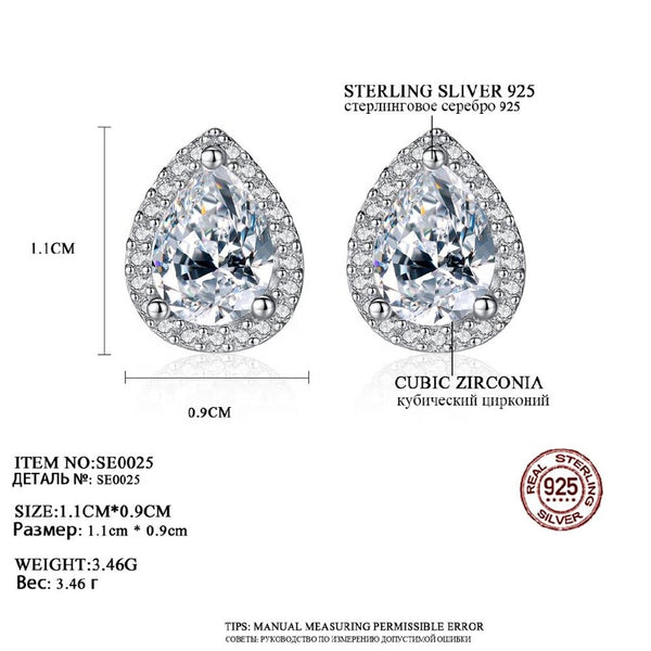 Rhodium Plated 925 Sterling Silver Jewelry Wholesale Teardrop Stud Earrings for Women Wedding  Pear CZ Stud Earring