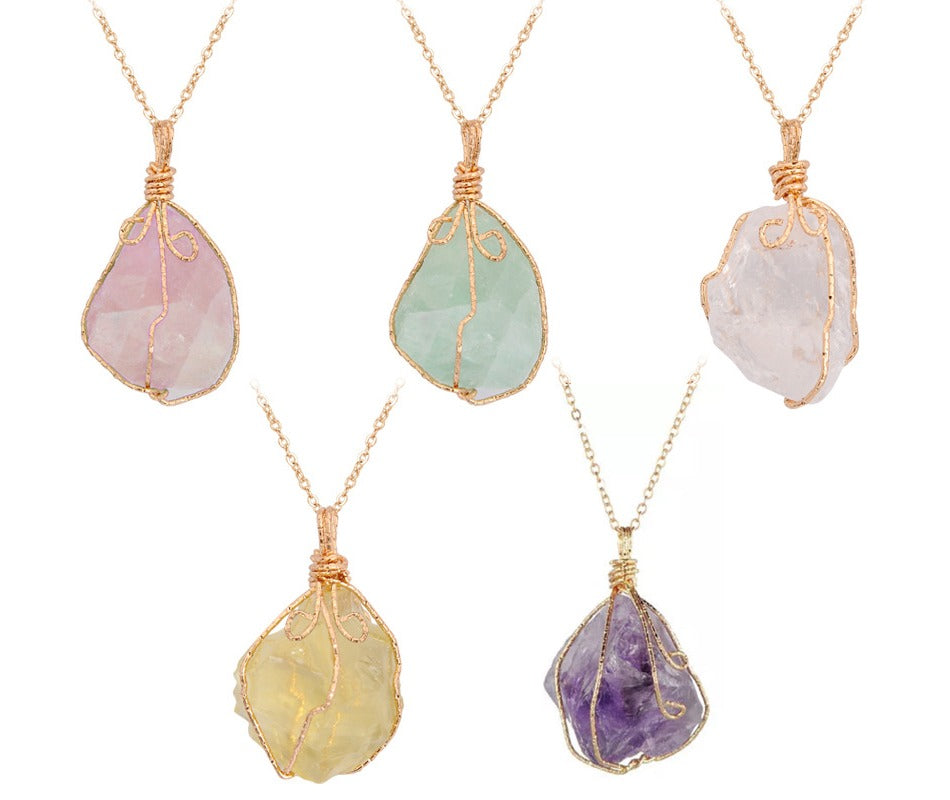 Women Trendy Irregular Gemstone Natural Stone Crystal Wire Wrap Rock Raw Clear Rose Quartz Pendant Necklace Jewelry