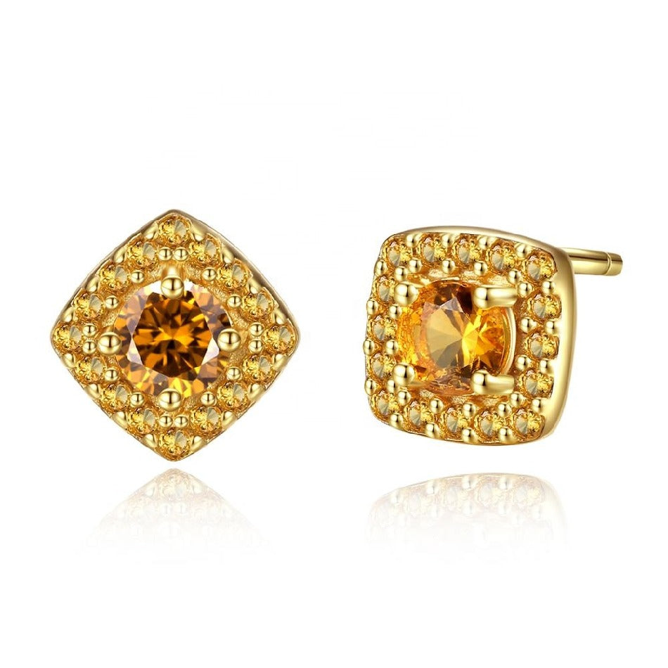 Wholesale CZ Stud Earrings 18K Gold Plated 4mm Square Topaz 925 Silver Earrings for Women