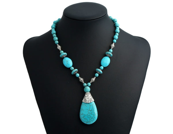 Gemstone Handmade Boho Jewelry Women Vintage Turquoise Stone Water Drop Pendant Necklace