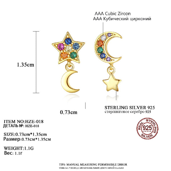 Factory 925 Sterling Silver Jewelry 18K Gold Plated Moon Star Earrings Shiny Zircon Moon Dangle Earrings for Women Gift