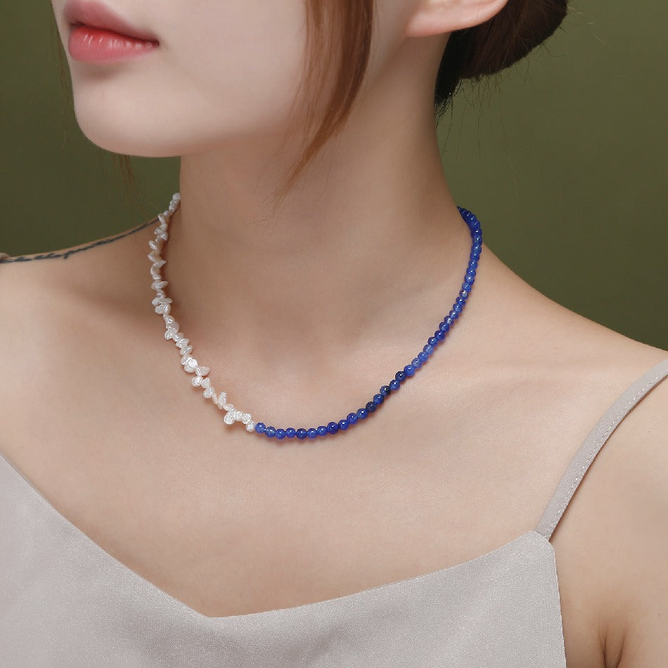 Gothic Elegant Real Gold Plated Mini Blue Stones Half Natural Freshwater Pearl Choker Necklace for Women