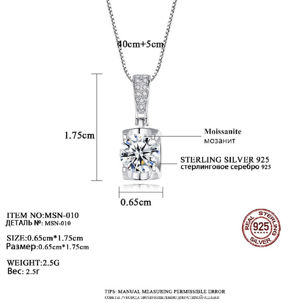 925 Silver Brilliant Cut Diamond Necklace White Gold Plated 1ct Moissanite Pendant Necklace Chain