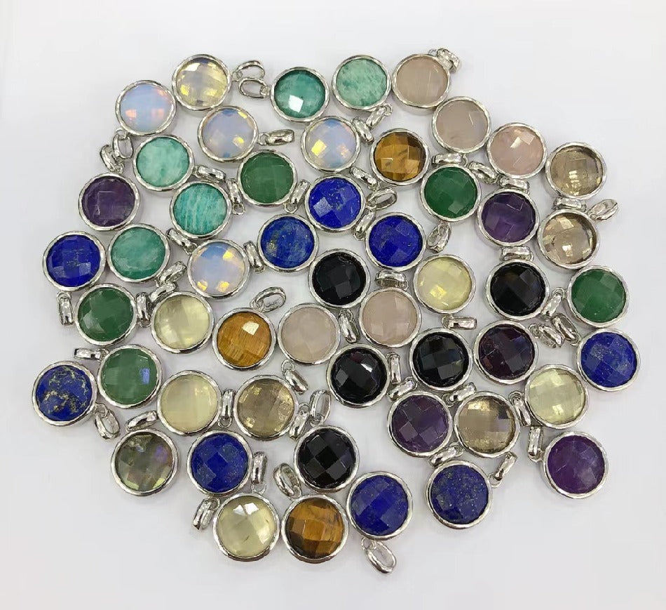 Wholesale Charms Natural Stone Links Agate Lapis Hexagon Round Faceted Cutting Mix Gemstone Pendants for Necklace