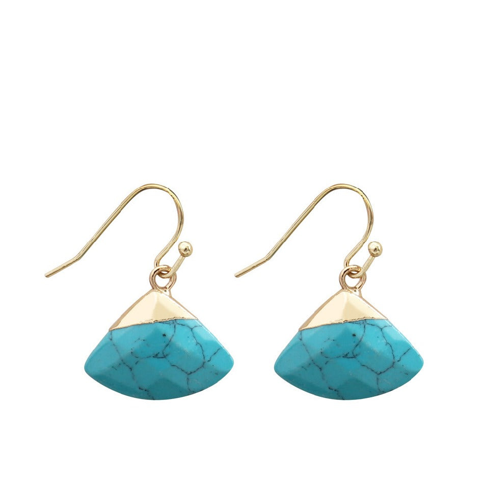 Exquisite Girls Women Gemstone Red Jade Blue Turquoise Small Fan Shape Dangle Natural Stone Drop Earrings