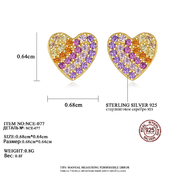 925 Sterling Silver Earrings AAA Colorful Zircon Love Heart Shaped Stud Earrings Sweet Design Jewelry for Girls