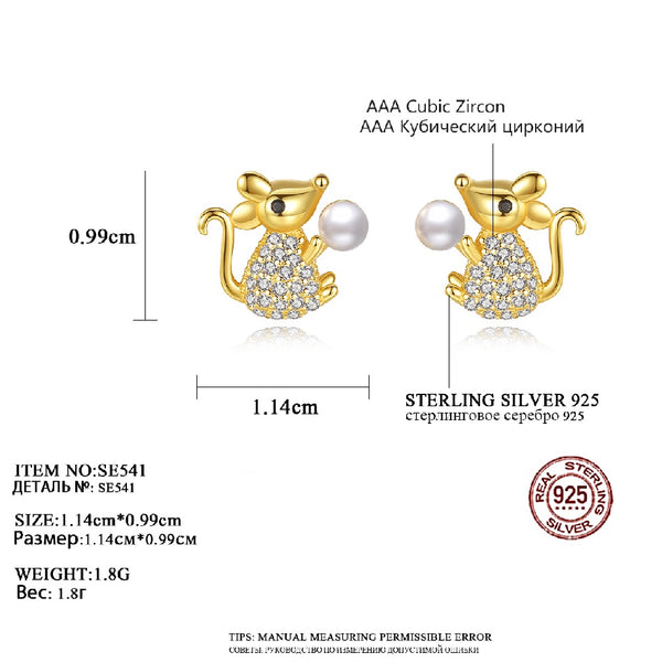 New Design Charm Gold Plated Earrings 925 Sterling Silver Mouse Shape CZ Stud Earrings for Girl Silver Jewelry