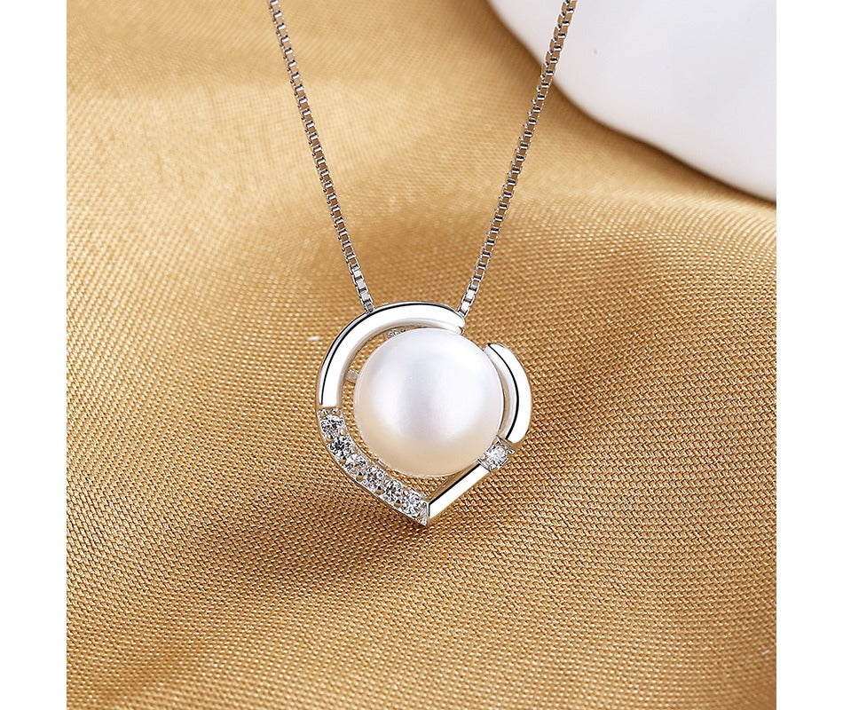 Classic Fashion Jewelry 925 Sterling Silver CZ Heart White Natural Big Pearl Pendant